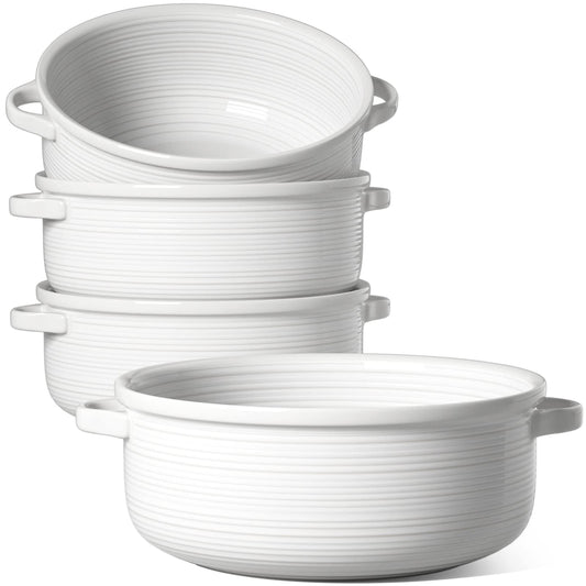 LE TAUCI Soup Bowls with Handles, Ceramic French Onion Soup Bowls 22 Ounces for Soup, Cereal, Chilli, Beef Stew, Stackable Serving Bowls Set, Oven Microwave Dishwasher Safe, Set of 4, White