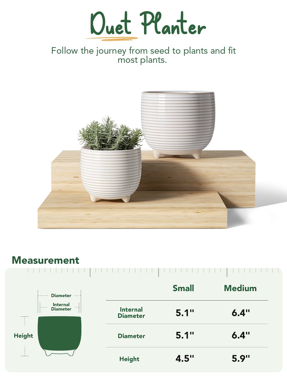 LE TAUCI Ceramic Plant Pots, 5.1 + 6.4 Inch Footed Pots for Plants, Modern Flower Pots for Home and Office, Indoor Planters with Drainage, Reactive Glaze White