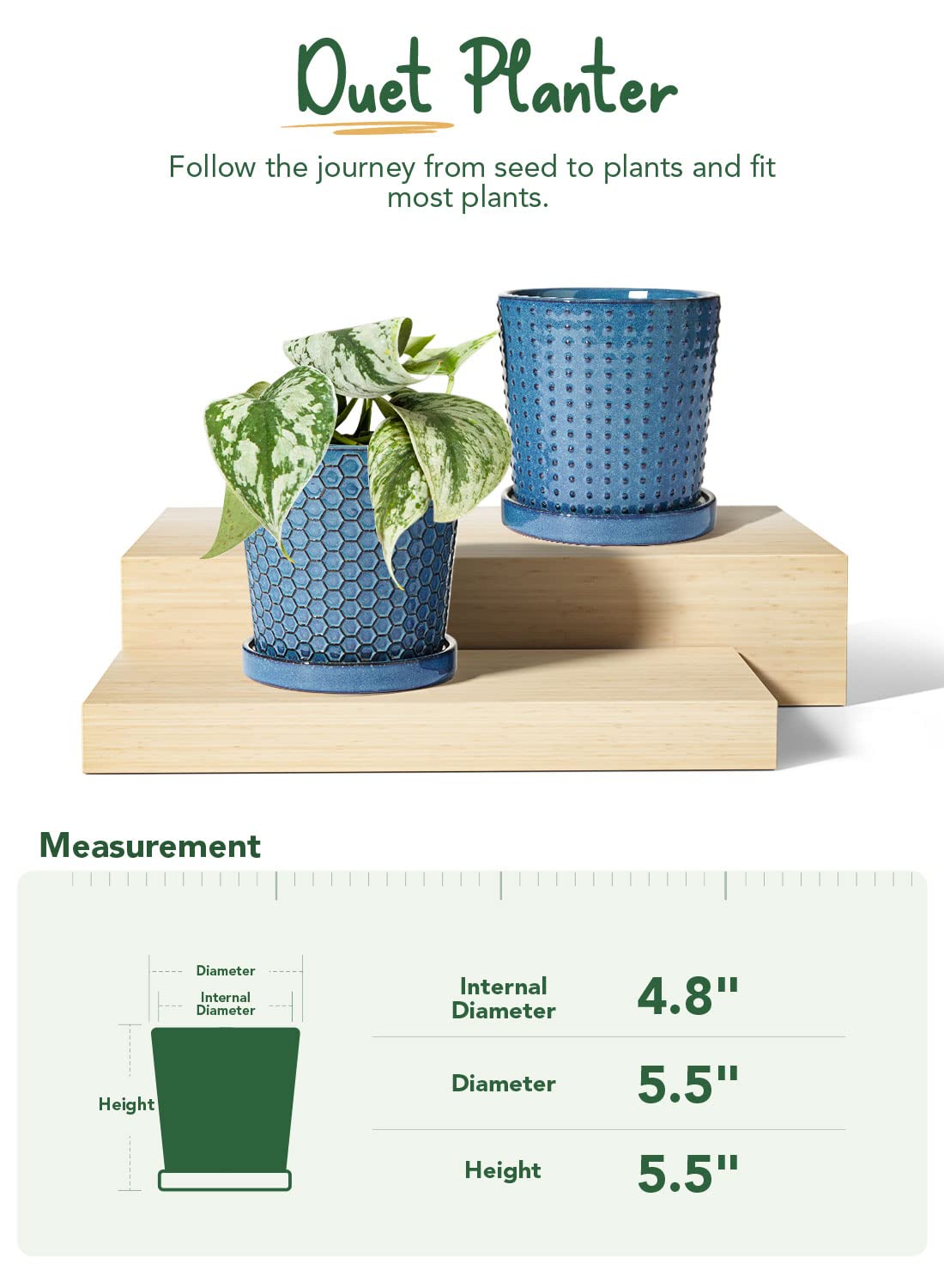 LE TAUCI Ceramic Plant Pots, 5.5 Inch Pots for Indoor Plants, Planters with Drainage Hole and Saucer, Flower Pots for Succulent, Snake Plants and Cactus, Set of 2, Reactive Glaze Blue