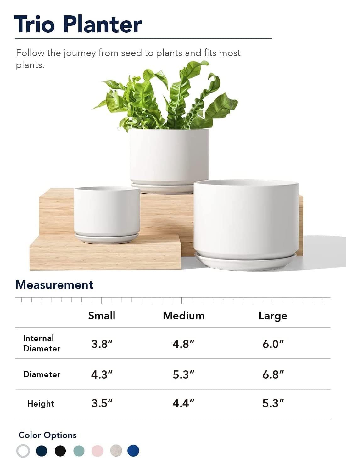 LE TAUCI Ceramic Plant Pots, 4.3+5.3+6.8 inch, Set of 3, Planters with Drainage Hole and Saucer, Indoor Flower Pot with Hole Mesh Pad, Gifts for Mom, White