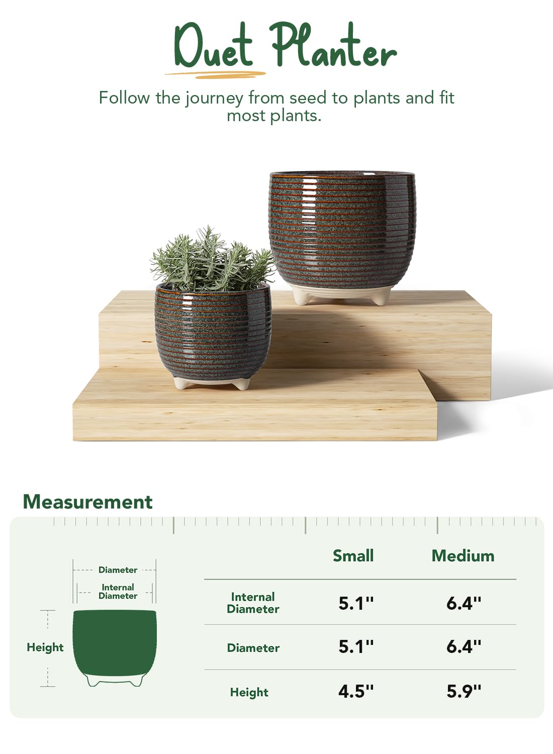 LE TAUCI Ceramic Plant Pots, 5.1 + 6.4 Inch Footed Pots for Plants, Modern Flower Pots for Home and Office, Indoor Planters with Drainage, Reactive Glaze Black