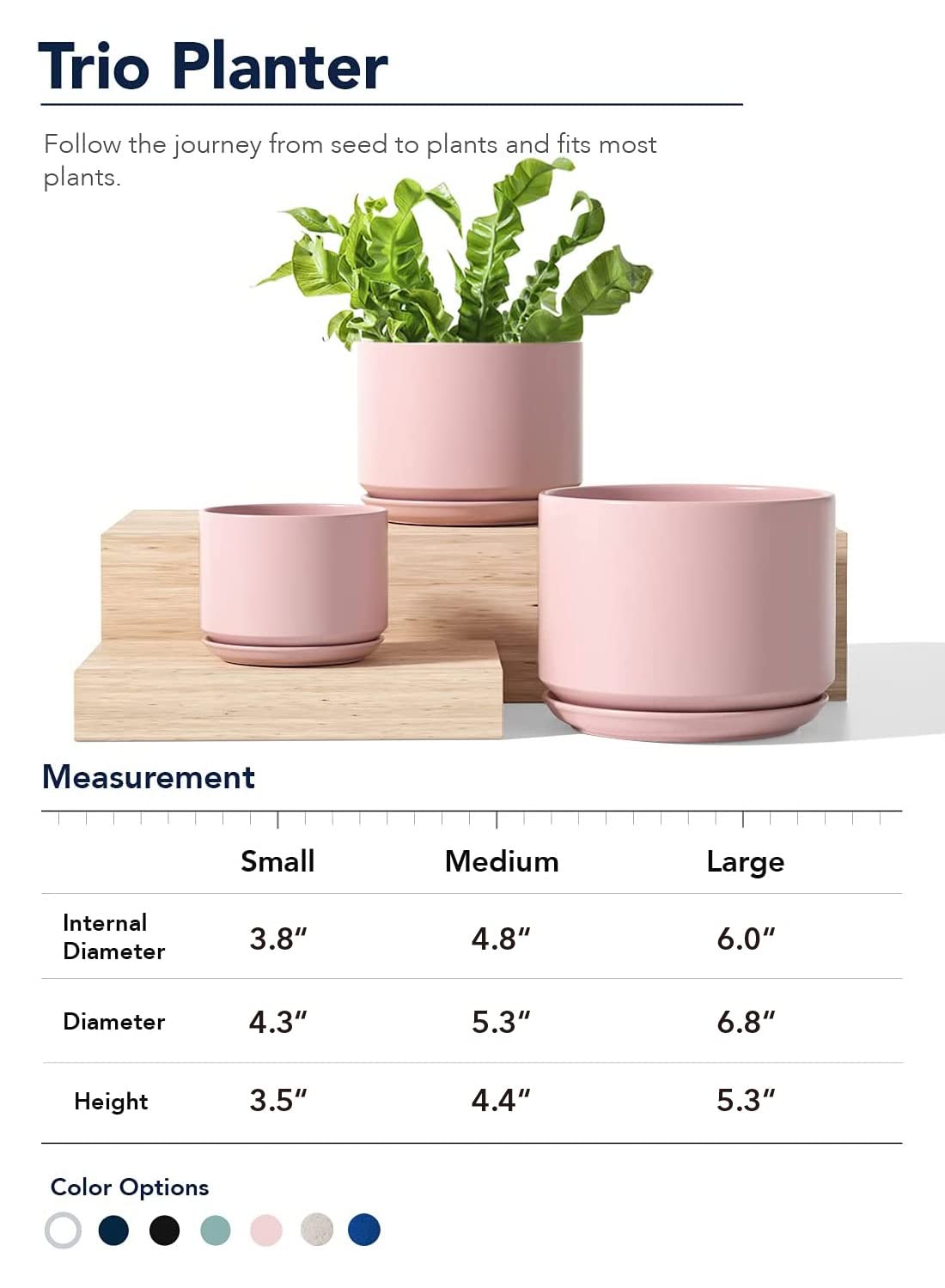 LE TAUCI Ceramic Plant Pots, 4.3+5.3+6.8 inch, Set of 3, Planters with Drainage Hole and Saucer, Indoor Flower Pot with Hole Mesh Pad, Gifts for Mom, Pink