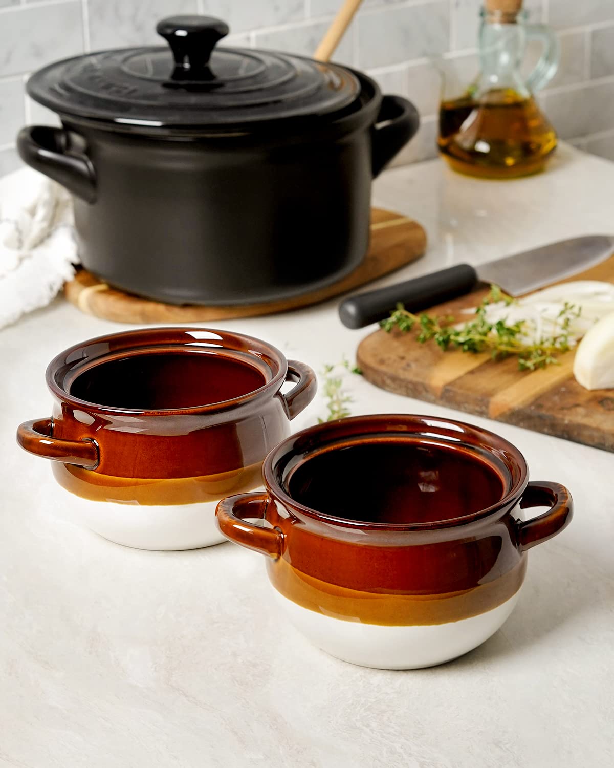 LE TAUCI French Onion Soup Crocks with Handles, 22 Ounce Ceramic Soup Bowls for Soup, Chili, Beef Stew, Set of 4, Oven & Broil Safe