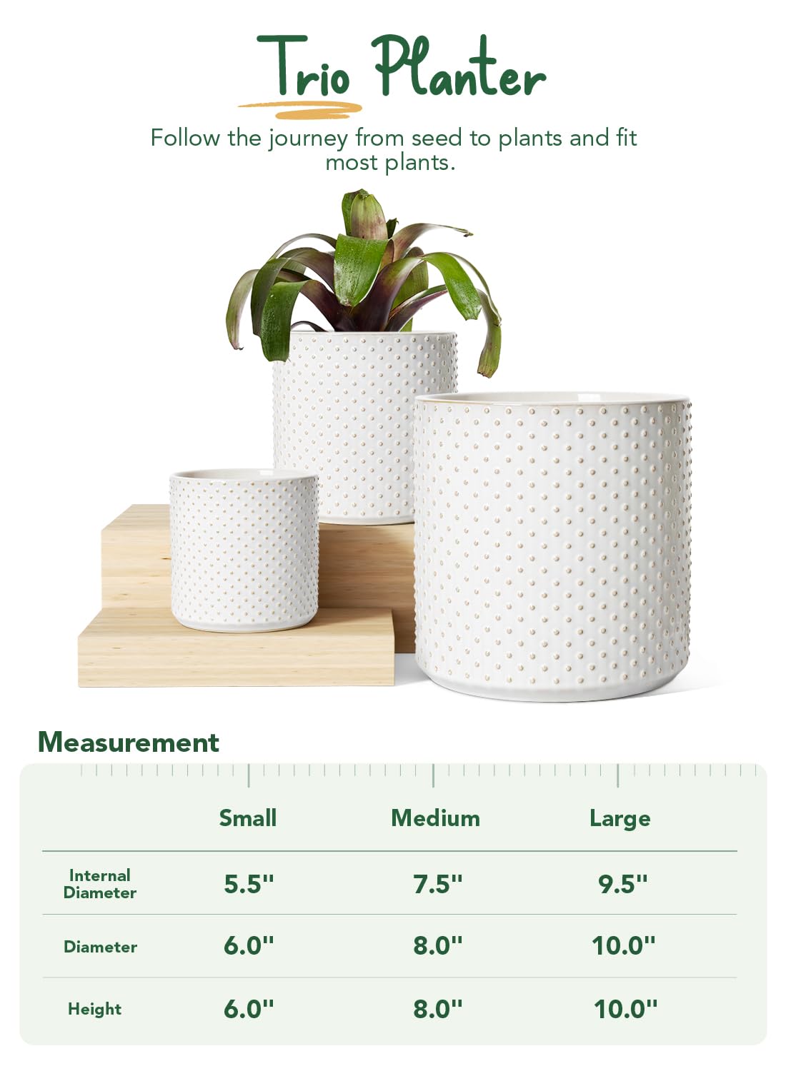 LE TAUCI 6+8+10 Inch Plant Pots Indoor, Ceramic Dot Planter Pots for Plants, Flower Pots Indoor for Home and Office, Mid-Modern Century Flower Pots with Drainage Hole and Plug, Glaze Arctic White