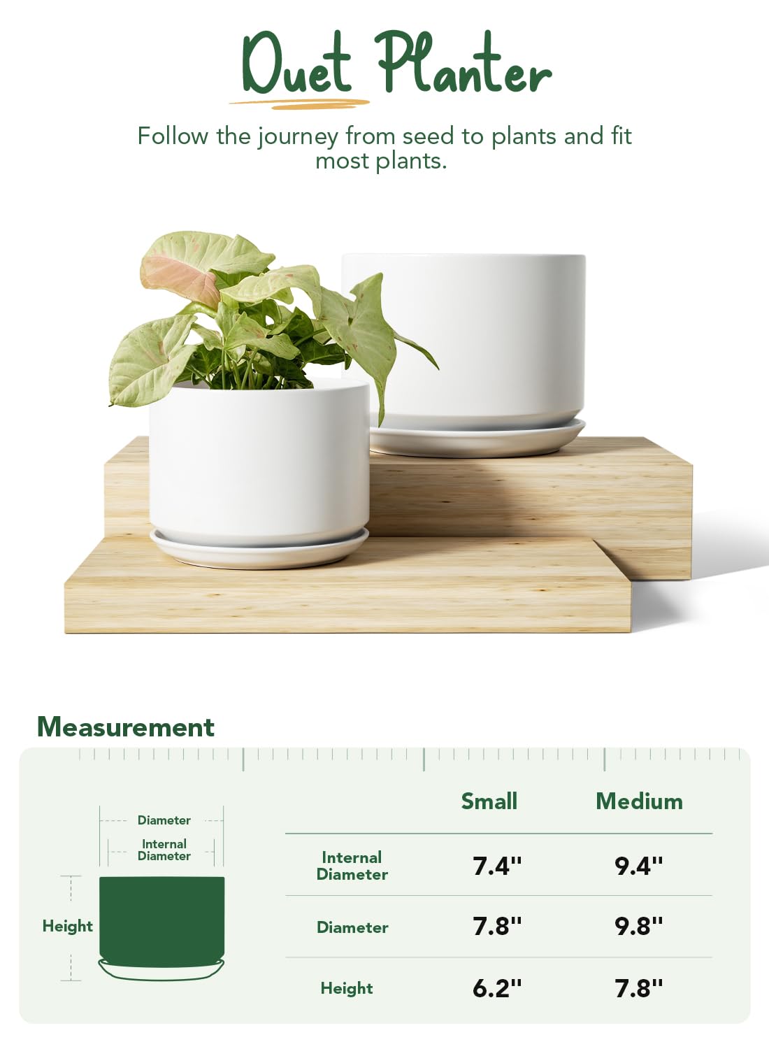 LE TAUCI Ceramic Plant Pots, 8 + 10 Inch Pots for Plants, Indoor Plant Pots for Home and Office, Modern Flower Pots Fit Mid Century Plant Stand, Planters with Drainage Holes and Saucers, White