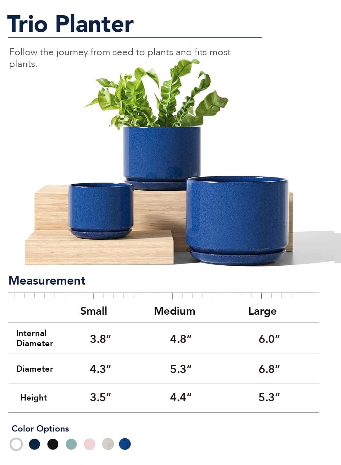 LE TAUCI Ceramic Plant Pots, 4.3+5.3+6.8 inch, Set of 3, Planters with Drainage Hole and Saucer, Indoor Flower Pot with Hole Mesh Pad, Gifts for Mom, Sapphire Blue