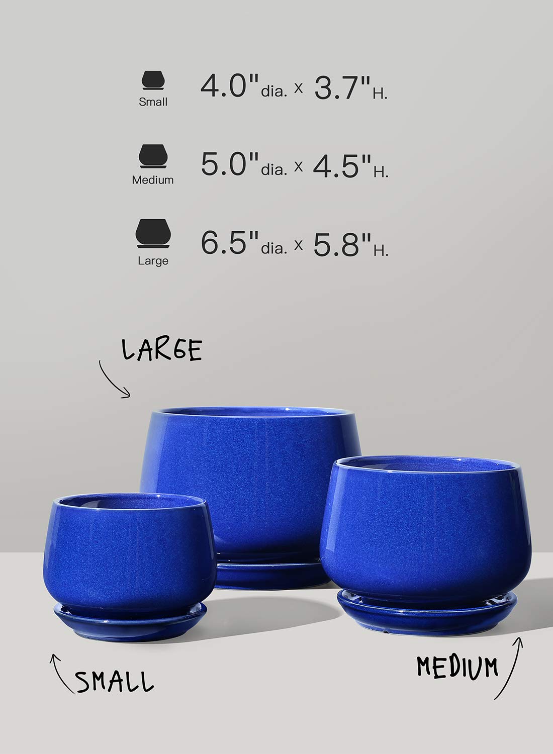 LE TAUCI Plant Pots, 4.1+5.1+6.5 inch, Set of 3, Ceramic Planters with Drainage Hole and Saucer, Indoor Flower Pot with Hole Mesh Pad, Gifts for Mom, Sapphire Blue