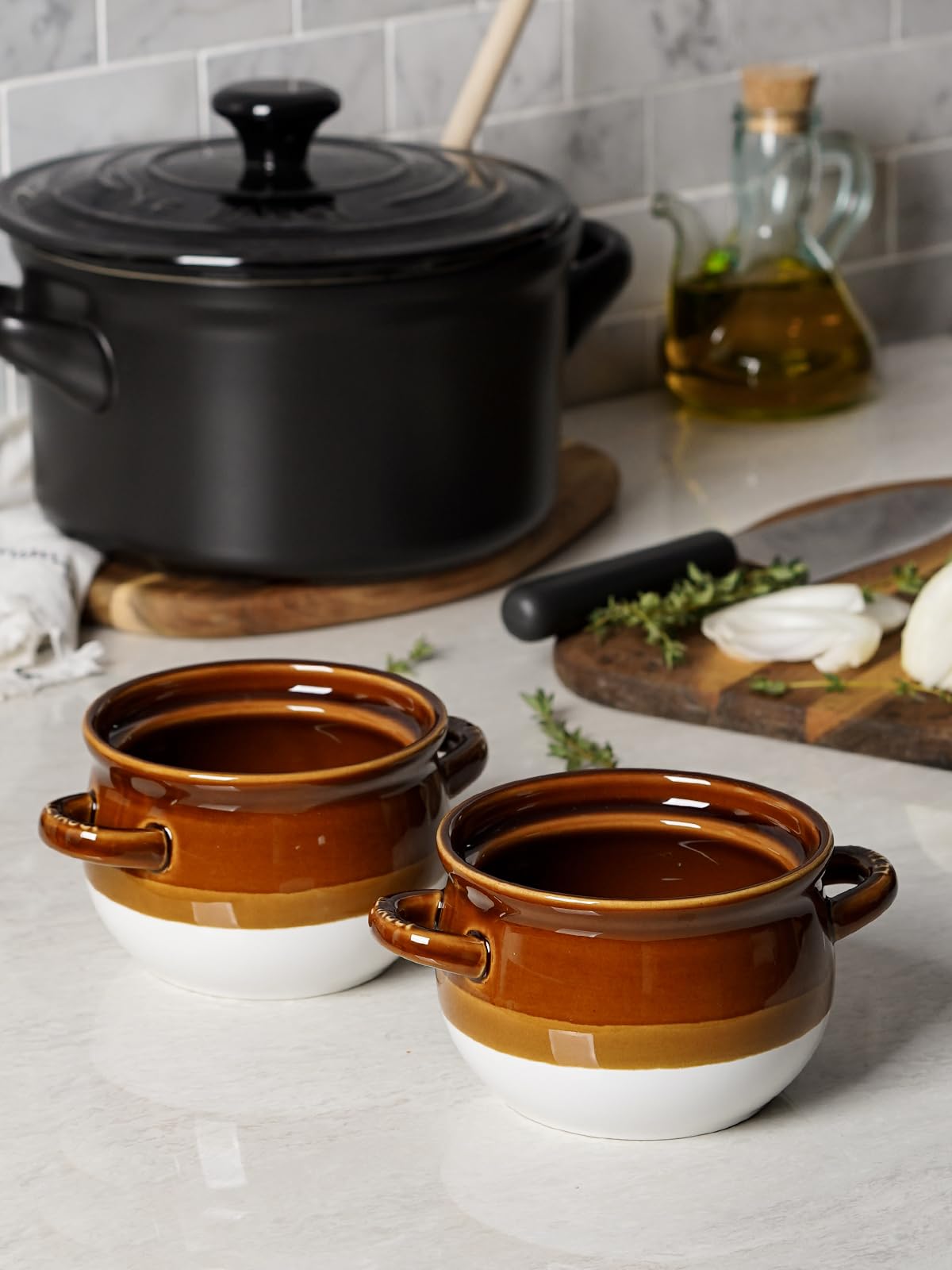 LE TAUCI French Onion Soup Bowls with Handles, 16 Oz Ceramic French Onion Soup Crocks Oven Safe Serving Bowls for Soup, Chili, Beef Stew, Cereal, Pot Pies, Set of 4