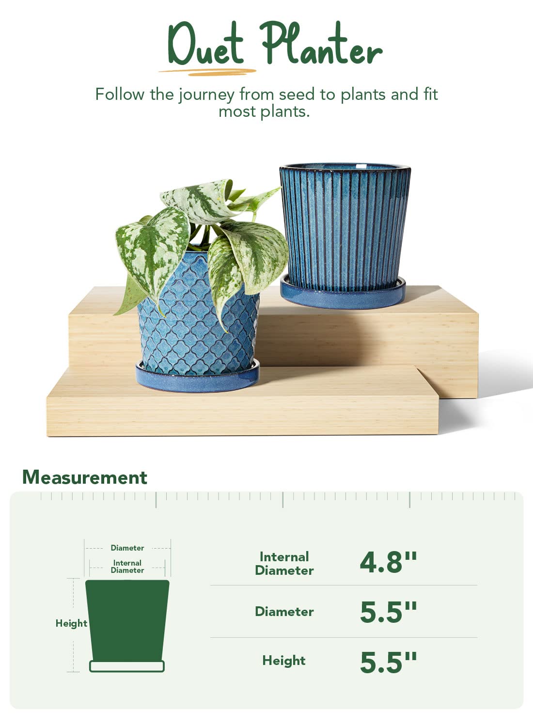 LE TAUCI Ceramic Plant Pots, 5.5 Inch Pots for Indoor Plants, Planters with Drainage Hole and Saucer, Flower Pots for Succulent, Snake Plants and Cactus, Set of 2, Reactive Glaze Blue