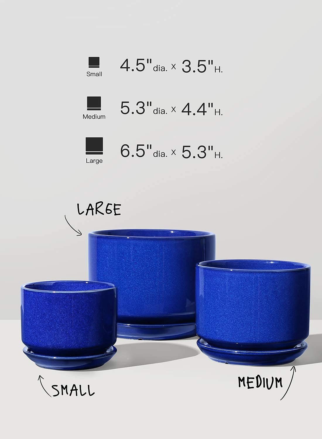 LE TAUCI Ceramic Plant Pots, 4.3+5.3+6.8 inch, Set of 3, Planters with Drainage Hole and Saucer, Indoor Flower Pot with Hole Mesh Pad, Gifts for Mom, Sapphire Blue