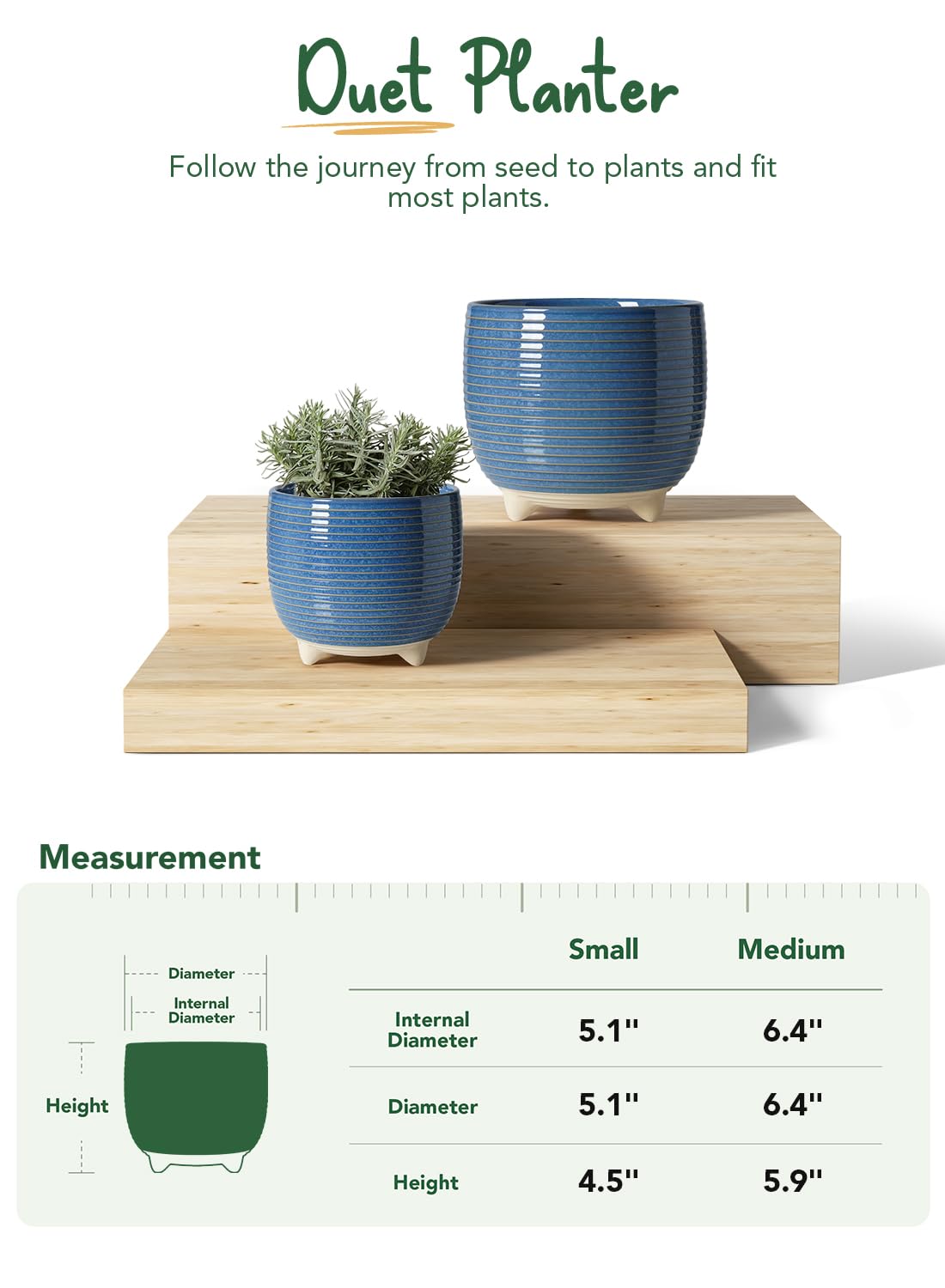 LE TAUCI Ceramic Plant Pots, 5.1 + 6.4 Inch Footed Pots for Plants, Modern Flower Pots for Home and Office, Indoor Planters with Drainage, Reactive Glaze Blue