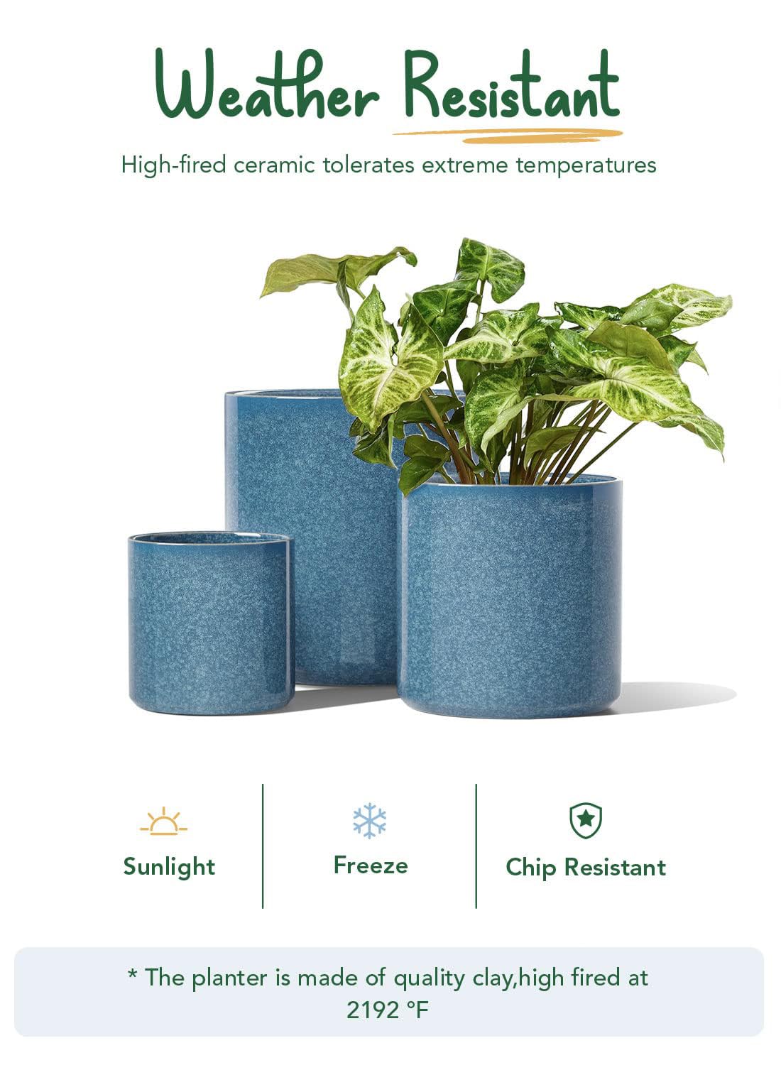 LE TAUCI Ceramic Plant Pots Indoor, 10 Inch 8 Inch 6 Inch Planters for Indoor Plants, Mid-Century Modern Flower Pots with Drainage Hole, Cylinder Round Planter Pots, Set of 3, Reactive Glaze Blue