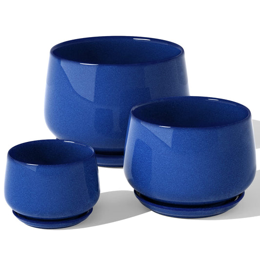 LE TAUCI Plant Pots, 4.1+5.1+6.5 inch, Set of 3, Ceramic Planters with Drainage Hole and Saucer, Indoor Flower Pot with Hole Mesh Pad, Gifts for Mom, Sapphire Blue