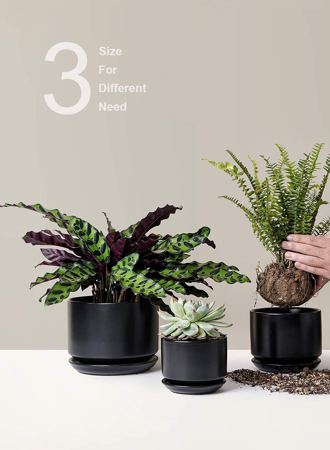 LE TAUCI Ceramic Plant Pots, 4.3+5.3+6.8 inch, Set of 3, Planters with Drainage Hole and Saucer, Indoor Flower Pot with Hole Mesh Pad, Gifts for Mom, Black