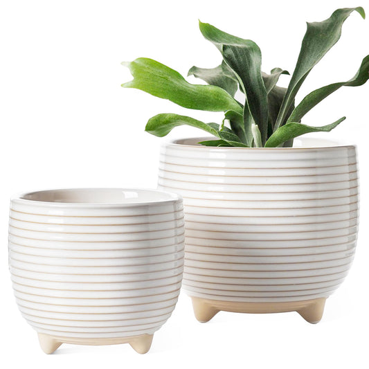 LE TAUCI Ceramic Plant Pots, 5.1 + 6.4 Inch Footed Pots for Plants, Modern Flower Pots for Home and Office, Indoor Planters with Drainage, Reactive Glaze White