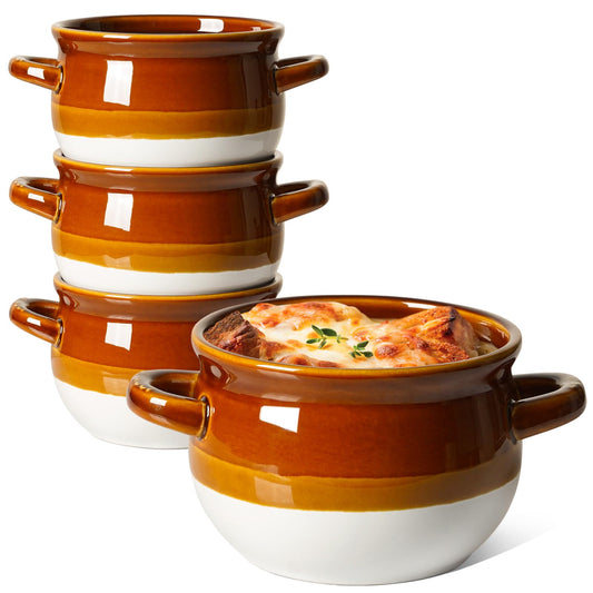 LE TAUCI French Onion Soup Bowls with Handles, 16 Oz Ceramic French Onion Soup Crocks Oven Safe Serving Bowls for Soup, Chili, Beef Stew, Cereal, Pot Pies, Set of 4