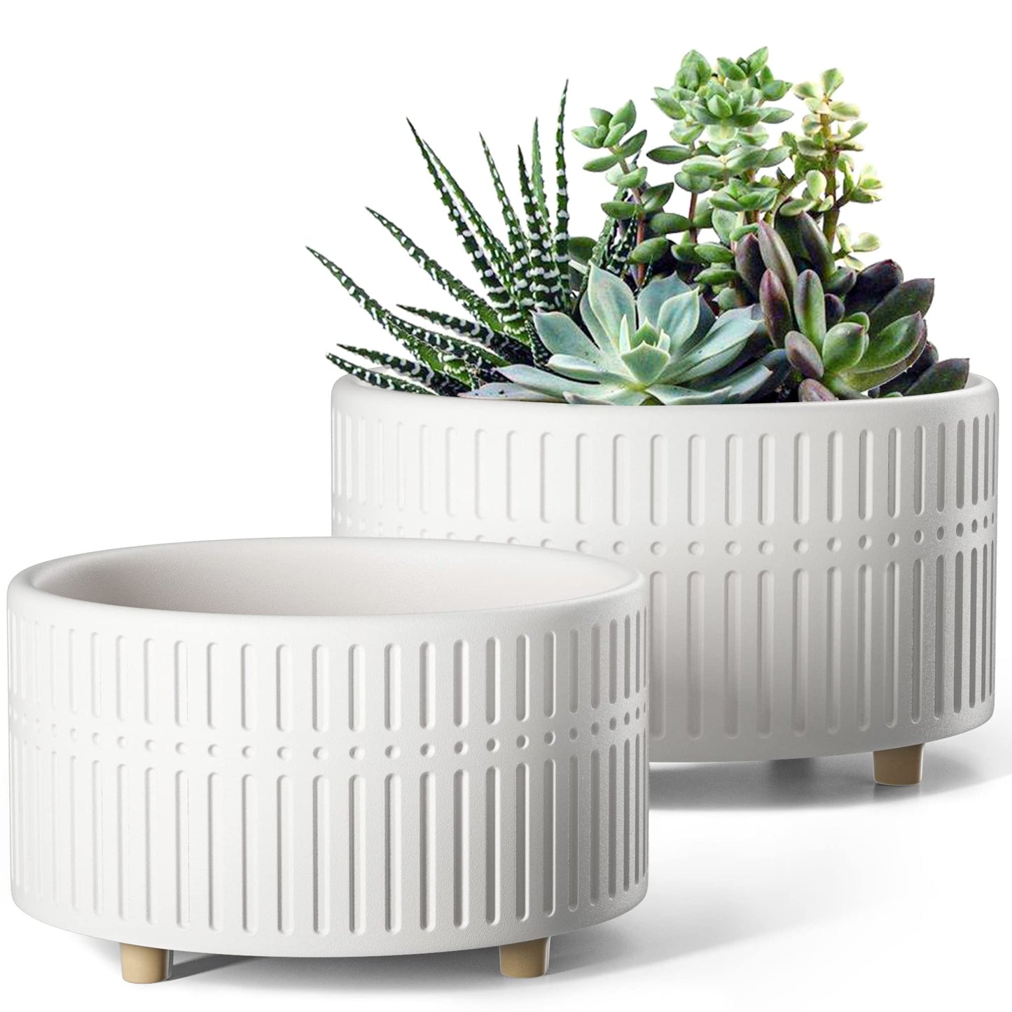 LE TAUCI Succulent Pots, 6.5+8 Inch Ceramic Indoor Plant Pot with Drainage Hole, Modern Round Decorative Flower Pot, Gifts for Mom, Set of 2, Matte White