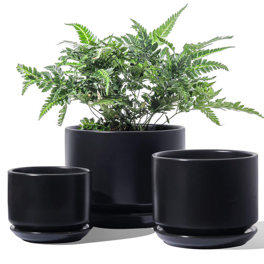 LE TAUCI Ceramic Plant Pots, 4.3+5.3+6.8 inch, Set of 3, Planters with Drainage Hole and Saucer, Indoor Flower Pot with Hole Mesh Pad, Gifts for Mom, Black