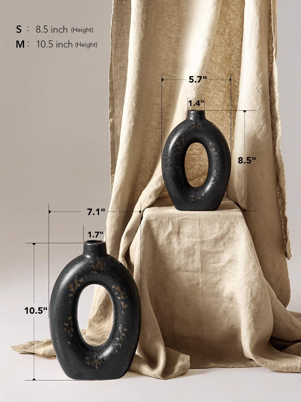 LE TAUCI Donut Vase Set of 2, 10.5” & 8.5” Hollow Ceramic Flower Vases, Nordic Decor Decorative Centerpiece Aesthetic for Living Room, Entry Table, Shelf, Mantel, Black with Bronze Speckle
