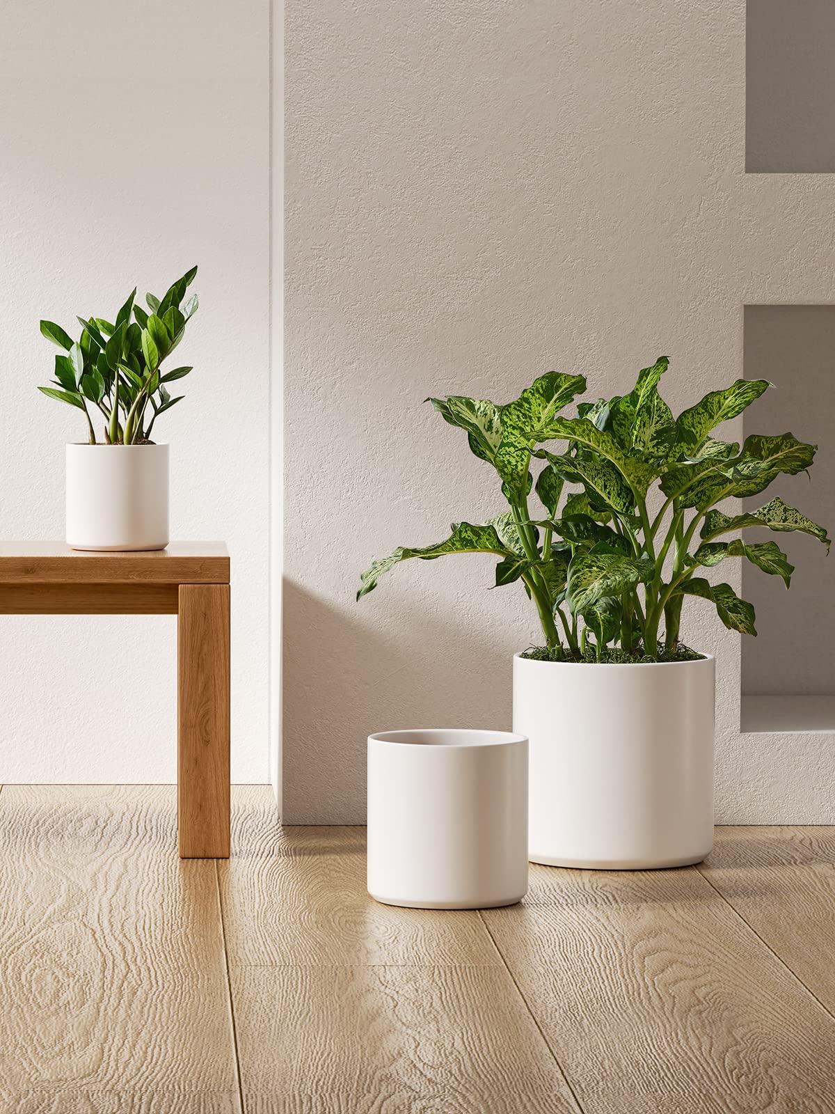 LE TAUCI Ceramic Plant Pots Indoor, 10 Inch 8 Inch 6 Inch Planters for Indoor Plants, Mid-Century Modern Flower Pots with Drainage Hole and Plug, Cylinder Round Planter Pots, Set of 3, White