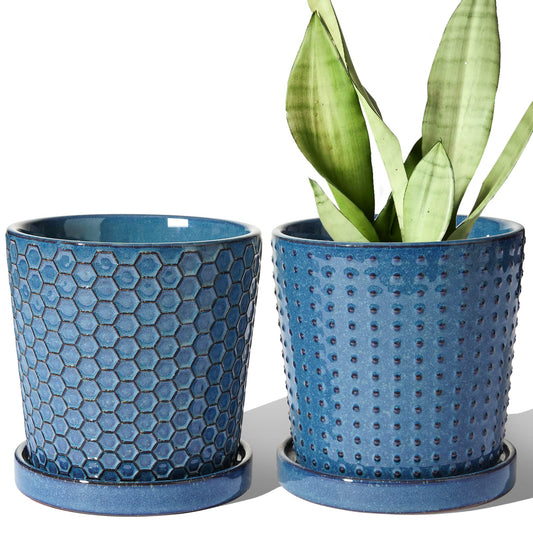 LE TAUCI Ceramic Plant Pots, 5.5 Inch Pots for Indoor Plants, Planters with Drainage Hole and Saucer, Flower Pots for Succulent, Snake Plants and Cactus, Set of 2, Reactive Glaze Blue