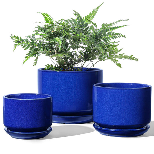 LE TAUCI Ceramic Plant Pots, 4.3+5.3+6.8 inch, Set of 3, Planters with Drainage Hole and Saucer, Indoor Flower Pot with Hole Mesh Pad, Gifts for Mom, Sapphire Blue