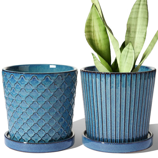 LE TAUCI Ceramic Plant Pots, 5.5 Inch Pots for Indoor Plants, Planters with Drainage Hole and Saucer, Flower Pots for Succulent, Snake Plants and Cactus, Set of 2, Reactive Glaze Blue