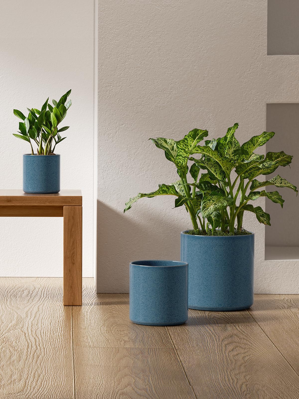 LE TAUCI Ceramic Plant Pots Indoor, 10 Inch 8 Inch 6 Inch Planters for Indoor Plants, Mid-Century Modern Flower Pots with Drainage Hole, Cylinder Round Planter Pots, Set of 3, Reactive Glaze Blue