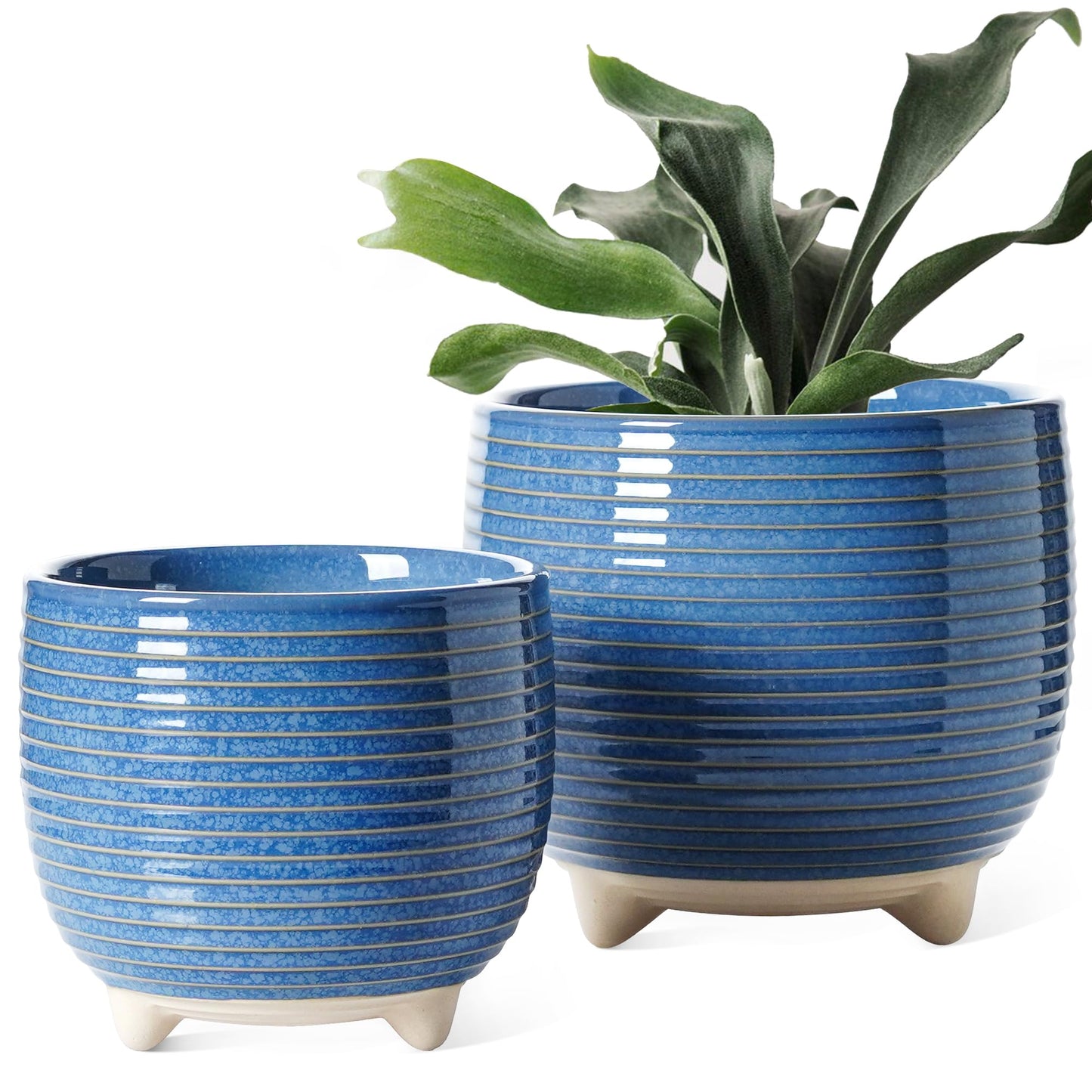 LE TAUCI Ceramic Plant Pots, 5.1 + 6.4 Inch Footed Pots for Plants, Modern Flower Pots for Home and Office, Indoor Planters with Drainage, Reactive Glaze Blue