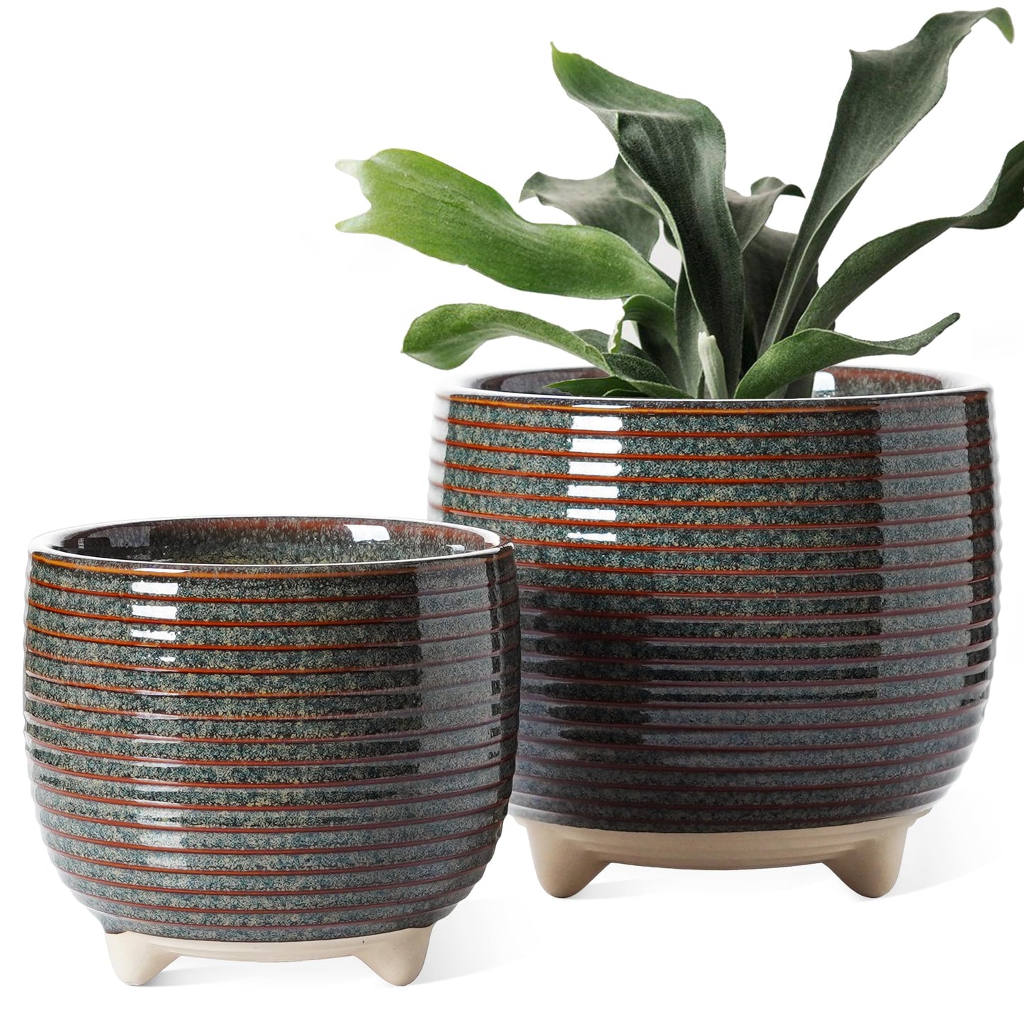 LE TAUCI Ceramic Plant Pots, 5.1 + 6.4 Inch Footed Pots for Plants, Modern Flower Pots for Home and Office, Indoor Planters with Drainage, Reactive Glaze Black