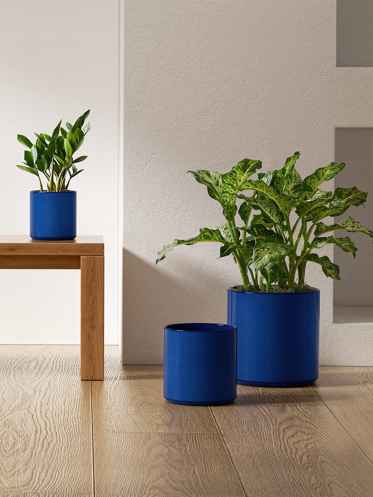 LE TAUCI Large Plant Pots Set, 10/8/6 Inch Ceramic Planters for Indoor Plants, Mid-Century Modern Flower Planter Pots with Drainage Hole and Plug, Cylinder Round Planter Pots, Set of 3, Sapphire Blue