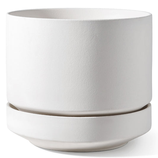 LE TAUCI Large 14 Inch Plant Pot with Saucer | Ceramic Outdoor & Indoor Big Planter Pot | Drainage Hole, Mesh Pad & Plug | Unglazed Porous | Modern Minimalist for Home and Patio – Chalk White