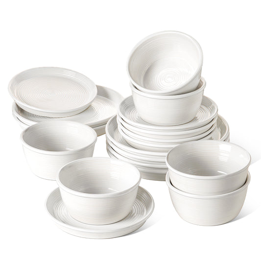 LE TAUCI 18-Piece Ceramic Dinnerware Set, Service for 6 – White Farmhouse Deeper Plates & Bowls (10" Dinner, 8" Salad, 6" Bowls), Stackable, Chip Resistant Stoneware Dishes