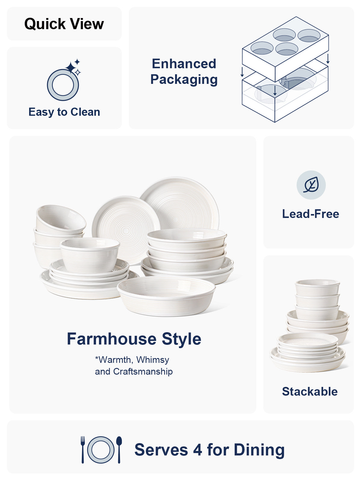 LE TAUCI 16-Piece Ceramic Dinnerware Set with Pasta Bowls (30 oz), Service for 4 – White Farmhouse Plates & Dishes (10" Dinner, 8" Salad, 6" Bowls, 8.5" Pasta) for Housewarming, Wedding Registry Gift