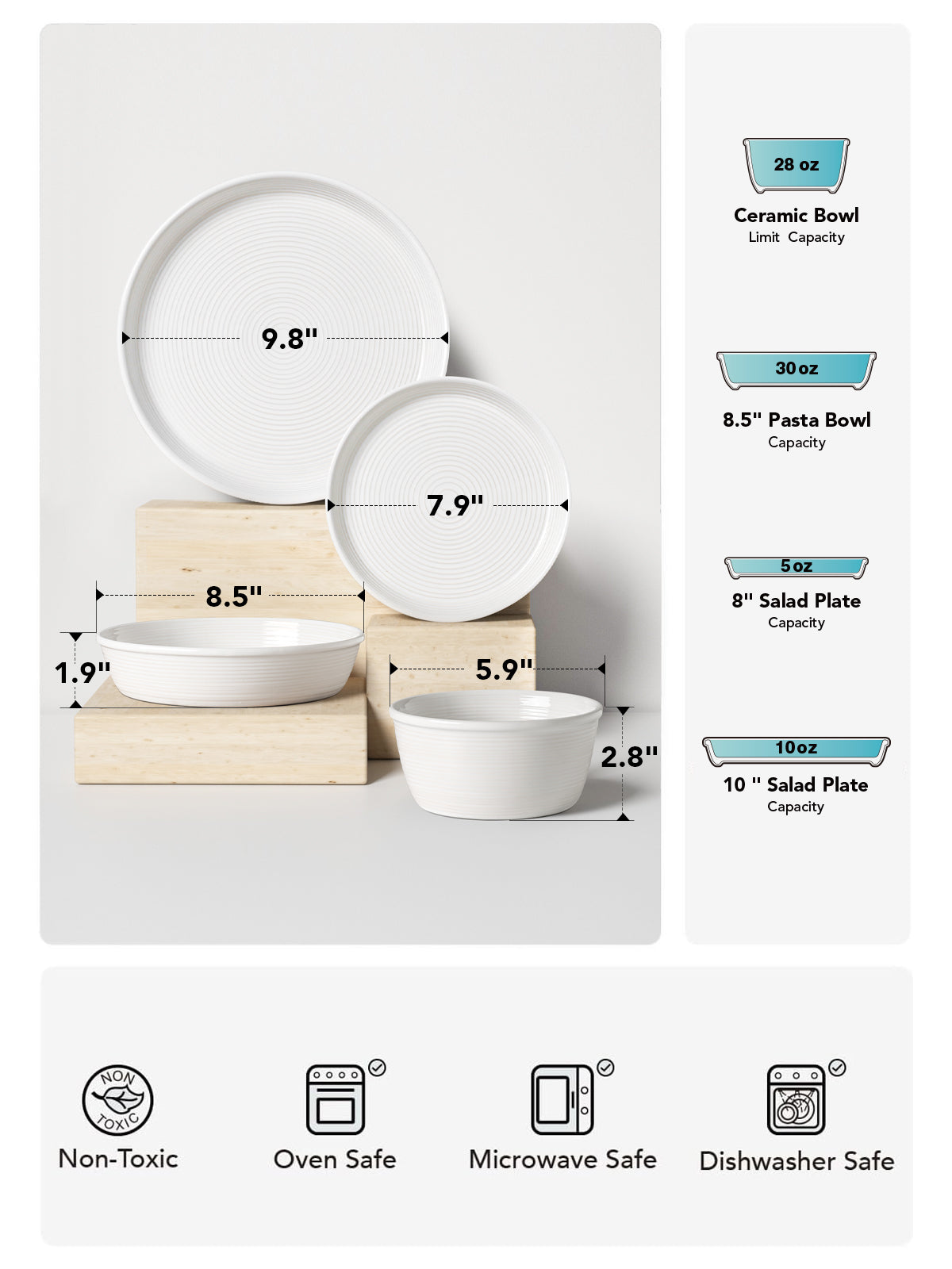 LE TAUCI 16-Piece Ceramic Dinnerware Set with Pasta Bowls (30 oz), Service for 4 – White Farmhouse Plates & Dishes (10" Dinner, 8" Salad, 6" Bowls, 8.5" Pasta) for Housewarming, Wedding Registry Gift