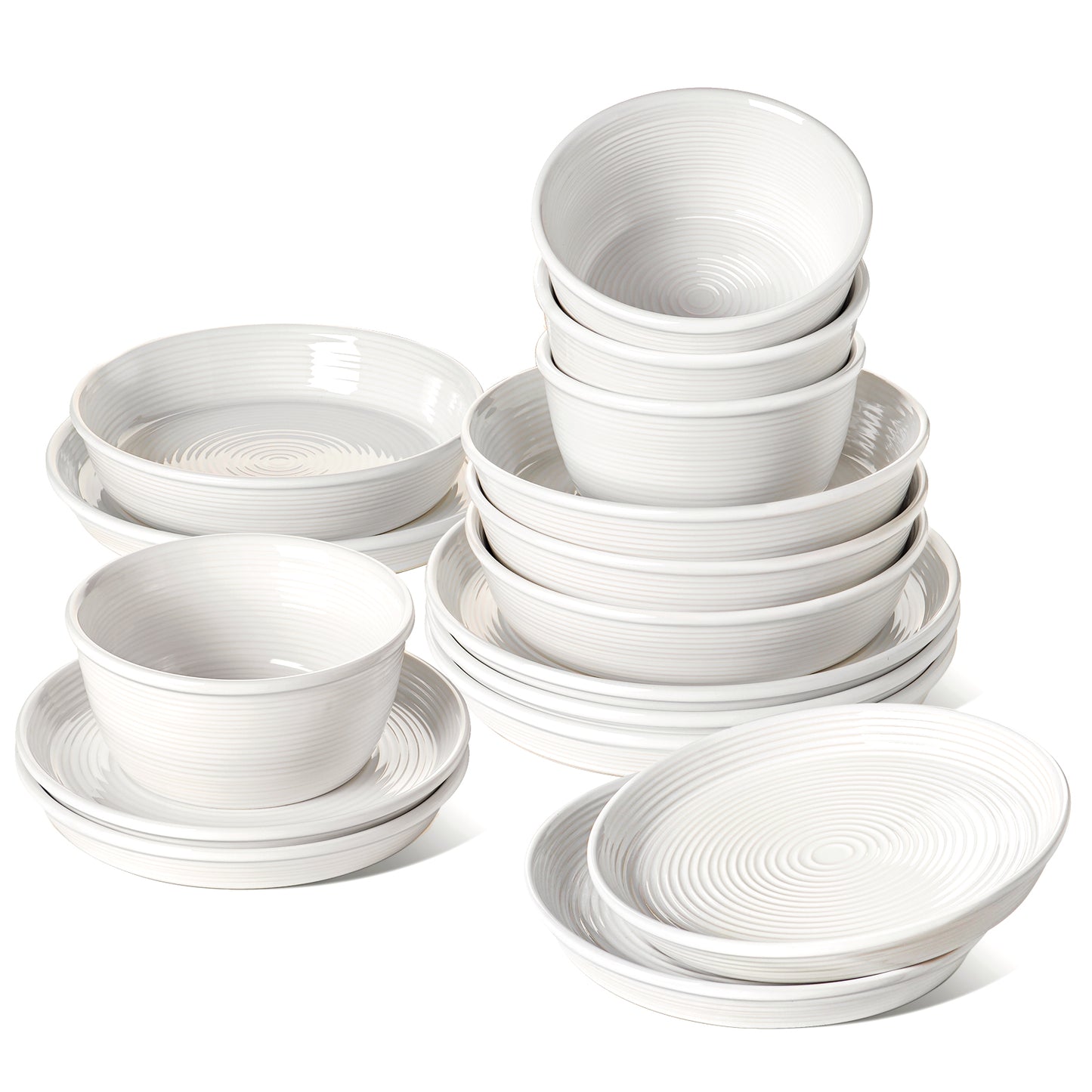 LE TAUCI 16-Piece Ceramic Dinnerware Set with Pasta Bowls (30 oz), Service for 4 – White Farmhouse Plates & Dishes (10" Dinner, 8" Salad, 6" Bowls, 8.5" Pasta) for Housewarming, Wedding Registry Gift