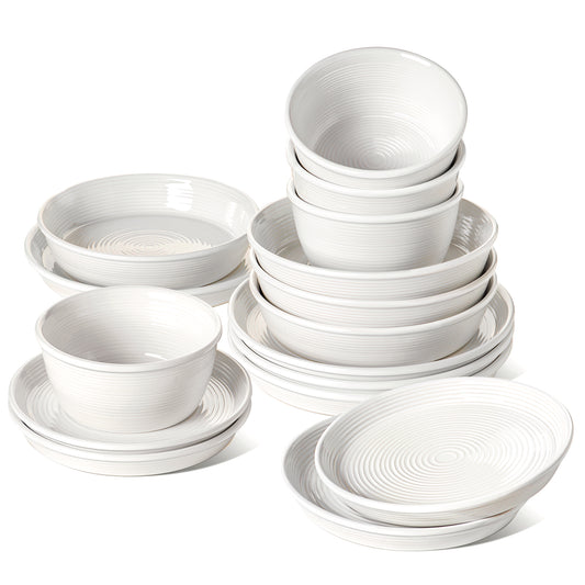 LE TAUCI 16-Piece Ceramic Dinnerware Set with Pasta Bowls (30 oz), Service for 4 – White Farmhouse Plates & Dishes (10" Dinner, 8" Salad, 6" Bowls, 8.5" Pasta) for Housewarming, Wedding Registry Gift