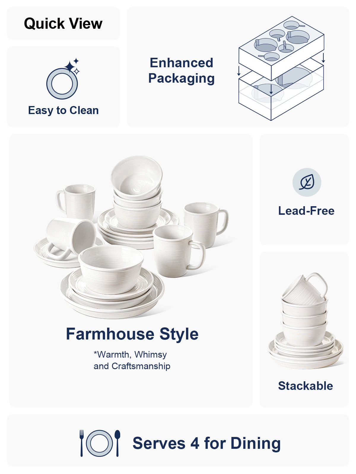 LE TAUCI 16-Piece Ceramic Cups and Plates sets for Kitchen, Service for 4 – White Farmhouse Deeper Plates & Bowls (10" Dinner, 8" Salad, 6" Bowls, 18 oz Mugs), Stackable, Chip Resistant Stoneware