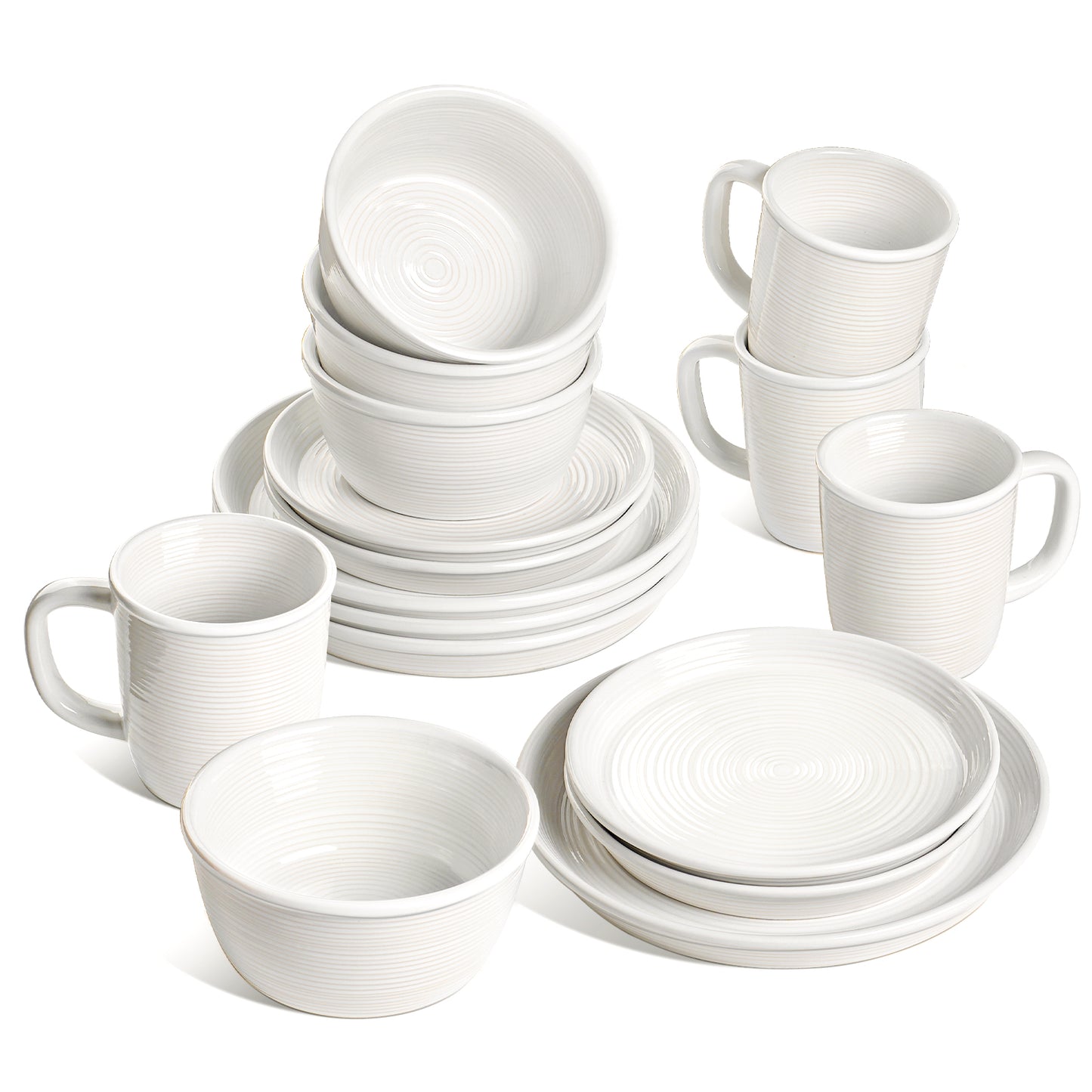 LE TAUCI 16-Piece Ceramic Cups and Plates sets for Kitchen, Service for 4 – White Farmhouse Deeper Plates & Bowls (10" Dinner, 8" Salad, 6" Bowls, 18 oz Mugs), Stackable, Chip Resistant Stoneware