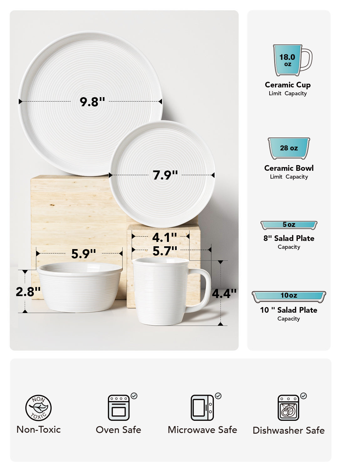 LE TAUCI 16-Piece Ceramic Cups and Plates sets for Kitchen, Service for 4 – White Farmhouse Deeper Plates & Bowls (10" Dinner, 8" Salad, 6" Bowls, 18 oz Mugs), Stackable, Chip Resistant Stoneware