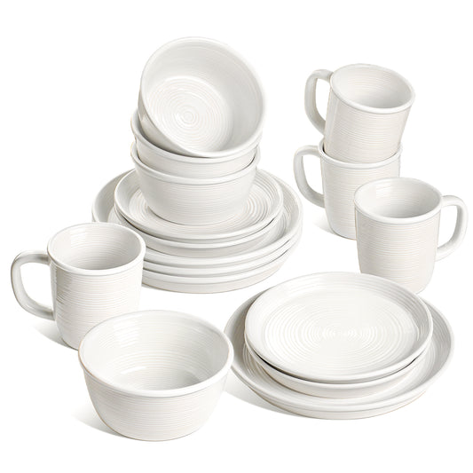 LE TAUCI 16-Piece Ceramic Cups and Plates sets for Kitchen, Service for 4 – White Farmhouse Deeper Plates & Bowls (10" Dinner, 8" Salad, 6" Bowls, 18 oz Mugs), Stackable, Chip Resistant Stoneware