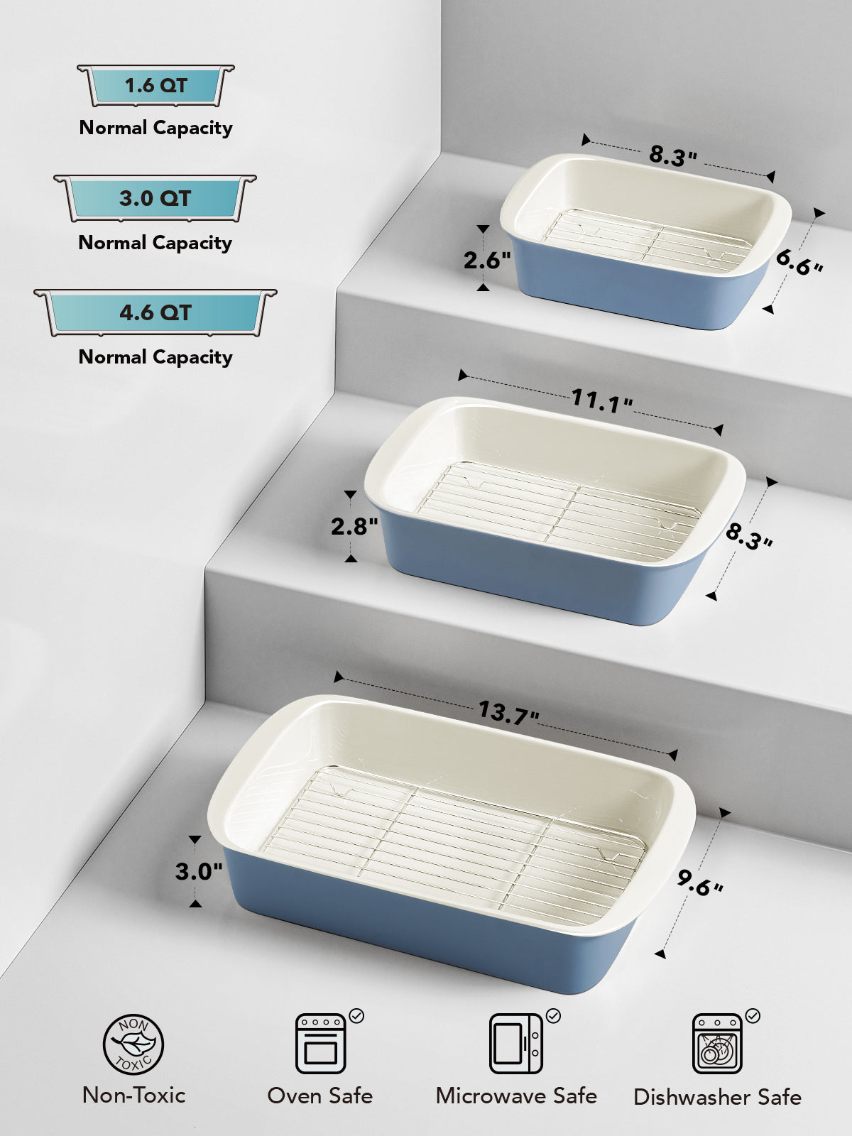 LE TAUCI Deep Casserole Dishes for Oven, 13.7”x9.6” Ceramic Baking Dish Set with Roasting Racks, Large Lasagna Pans with Handles, Rectangular Bakeware as Gift for Mom, Dusty Blue(4.6QT/3.0QT/1.6QT), Set of 3