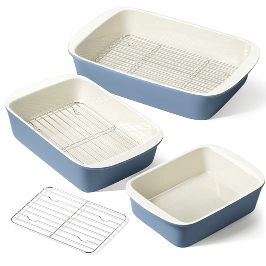 LE TAUCI Deep Casserole Dishes for Oven, 13.7”x9.6” Ceramic Baking Dish Set with Roasting Racks, Large Lasagna Pans with Handles, Rectangular Bakeware as Gift for Mom, Dusty Blue(4.6QT/3.0QT/1.6QT), Set of 3