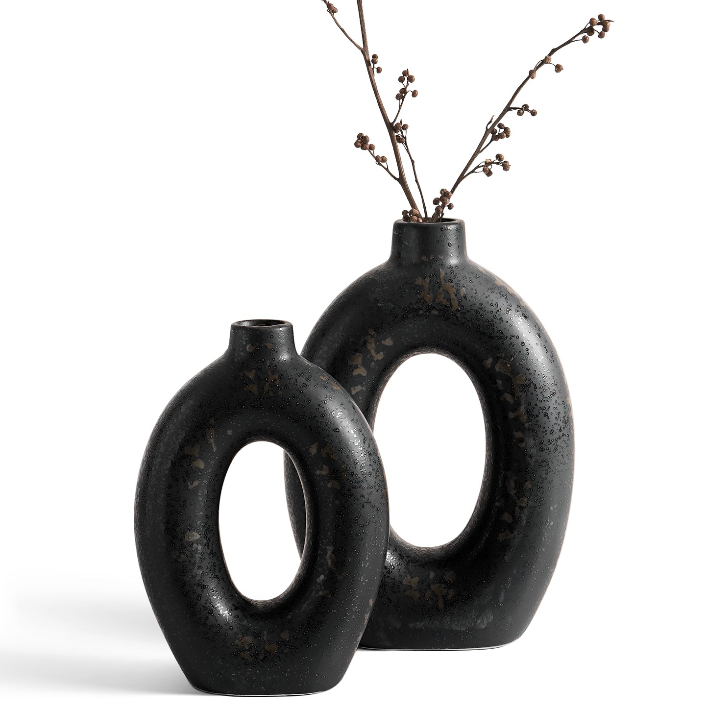 LE TAUCI Donut Vase Set of 2, 10.5” & 8.5” Hollow Ceramic Flower Vases, Nordic Decor Decorative Centerpiece Aesthetic for Living Room, Entry Table, Shelf, Mantel, Black with Bronze Speckle