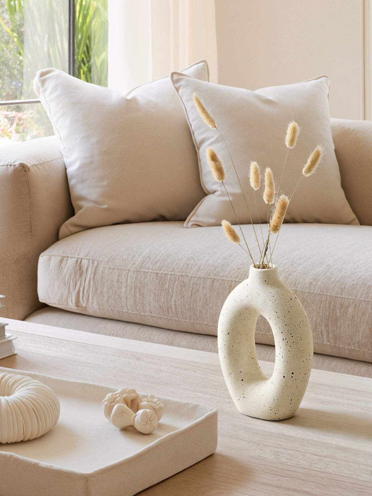 LE TAUCI Donut Vase Set of 2, 10.5” & 8.5” Hollow Ceramic Flower Vases, Nordic Decor Decorative Centerpiece for Living Room, Entry Table, Shelf, Mantel, Ivory Speckled