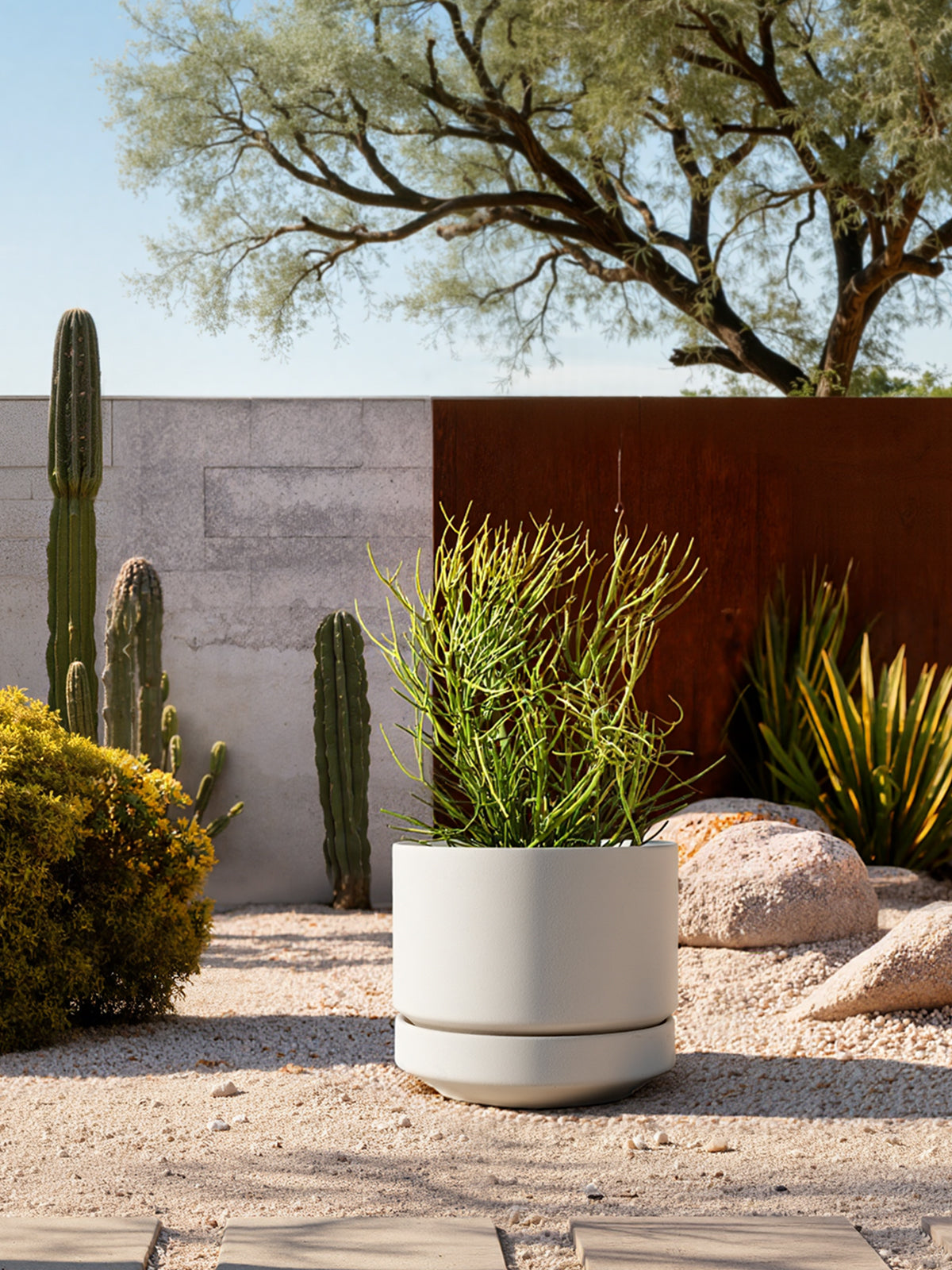LE TAUCI Large 14 Inch Plant Pot with Saucer | Ceramic Outdoor & Indoor Big Planter Pot | Drainage Hole, Mesh Pad & Plug | Unglazed Porous | Modern Minimalist for Home and Patio – Chalk White