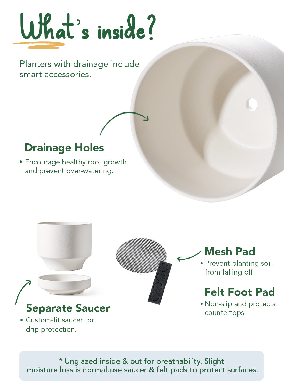 LE TAUCI Large 14 Inch Plant Pot with Saucer | Ceramic Outdoor & Indoor Big Planter Pot | Drainage Hole, Mesh Pad & Plug | Unglazed Porous | Modern Minimalist for Home and Patio – Chalk White