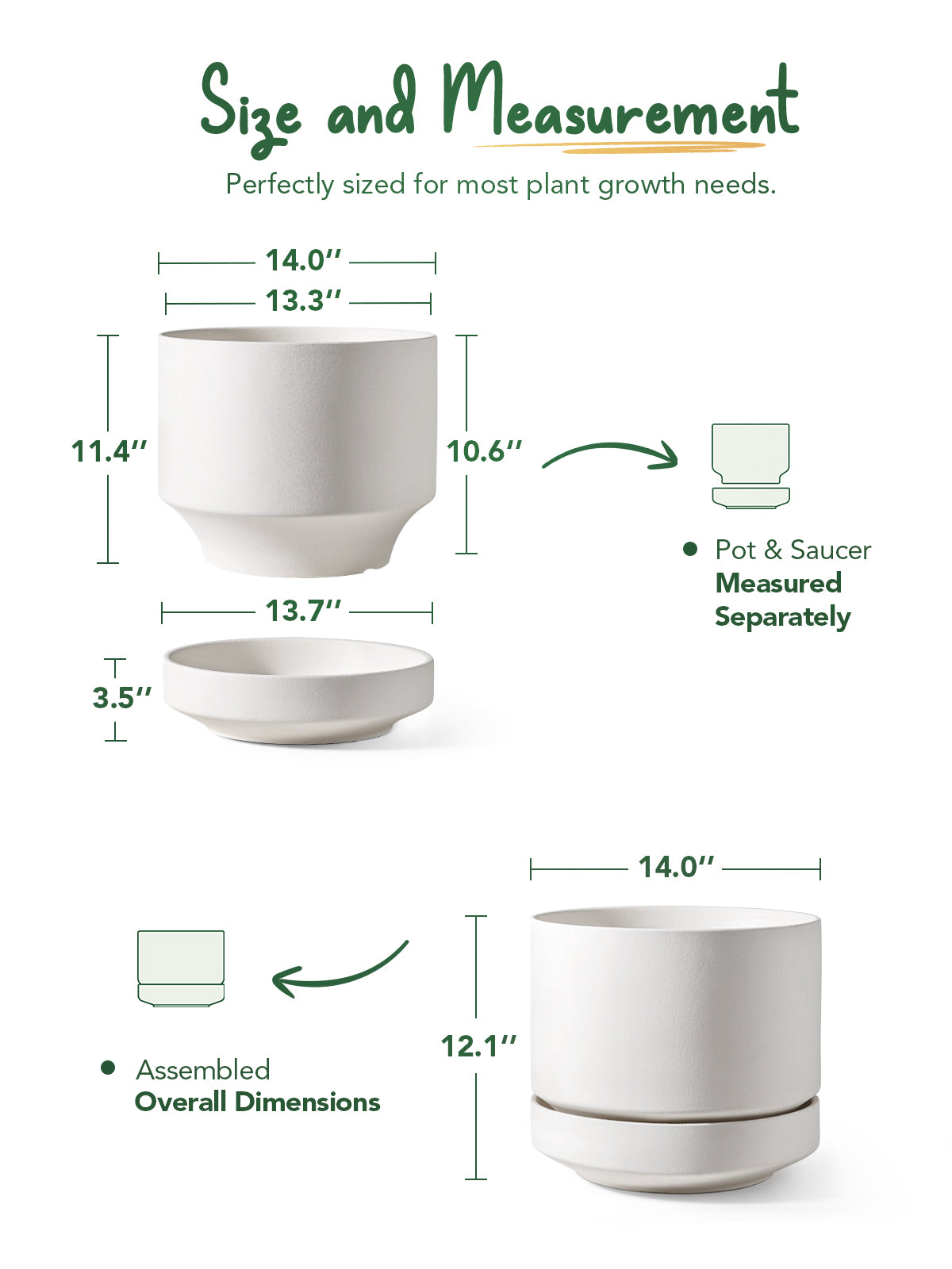 LE TAUCI Large 14 Inch Plant Pot with Saucer | Ceramic Outdoor & Indoor Big Planter Pot | Drainage Hole, Mesh Pad & Plug | Unglazed Porous | Modern Minimalist for Home and Patio – Chalk White