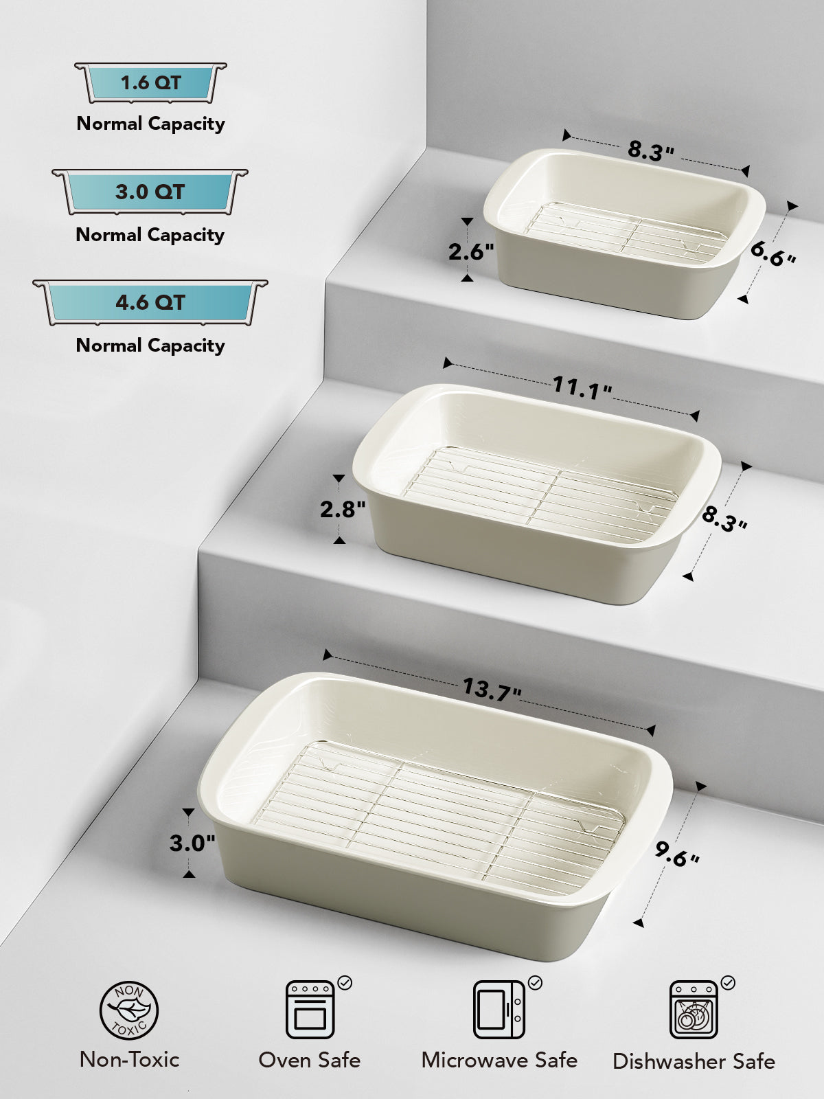 LE TAUCI Deep Casserole Dishes for Oven, 13.7”x9.6” Ceramic Baking Dish Set with Roasting Racks, Large Lasagna Pans with Handles, Rectangular Bakeware as Gift for Mom, Oatmeal Greige(4.6QT/3.0QT/1.6QT), Set of 3