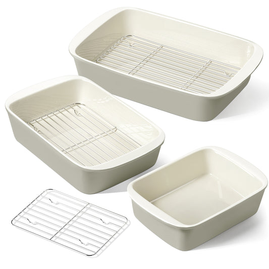 LE TAUCI Deep Casserole Dishes for Oven, 13.7”x9.6” Ceramic Baking Dish Set with Roasting Racks, Large Lasagna Pans with Handles, Rectangular Bakeware as Gift for Mom, Oatmeal Greige(4.6QT/3.0QT/1.6QT), Set of 3